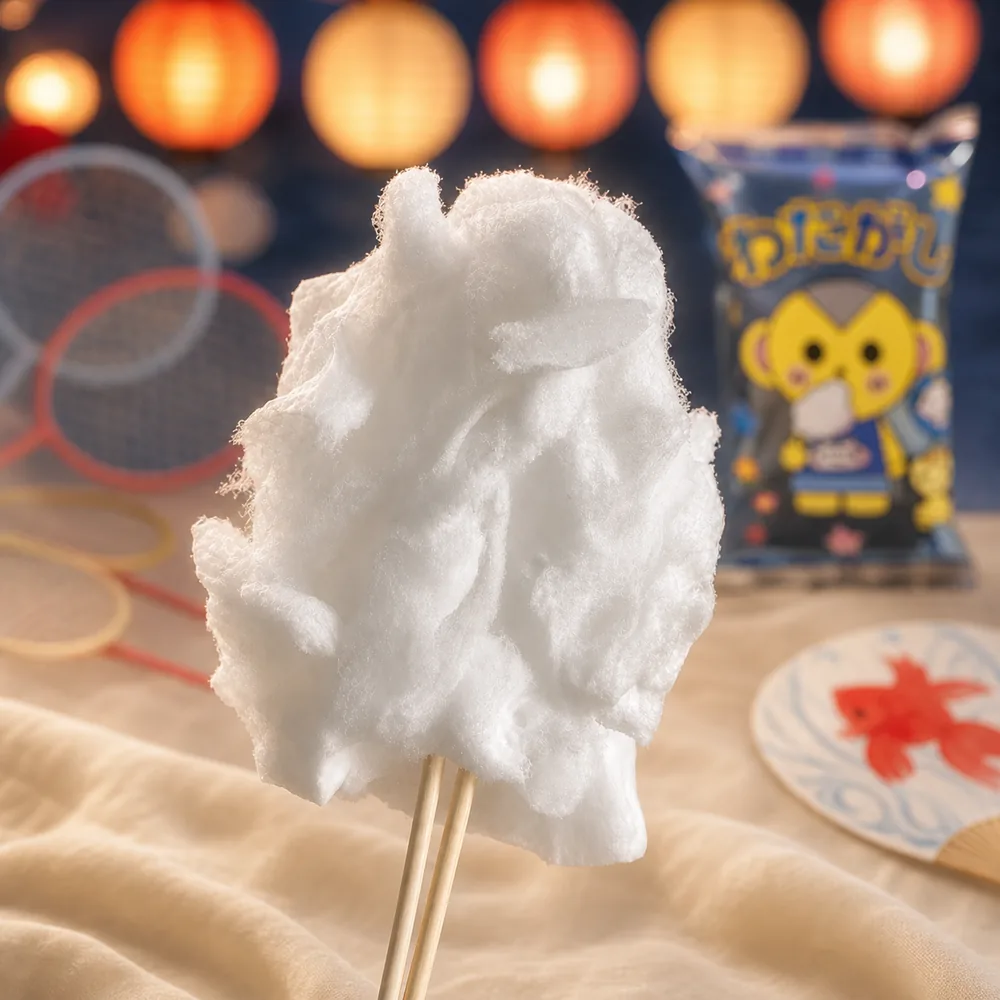 Japanese festival cotton candy on a stick, with paper lanterns and a goldfish fan